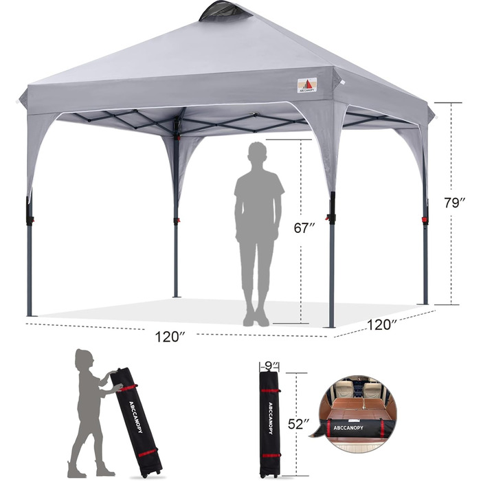ABCCANOPY павільйон 3x3 м водонепроникний, складаний, садовий, для фестивалів, сонцезахист, з сумкою на колесах, 4 вагові сумки, 4 мотузки, 4 кілки, сірий