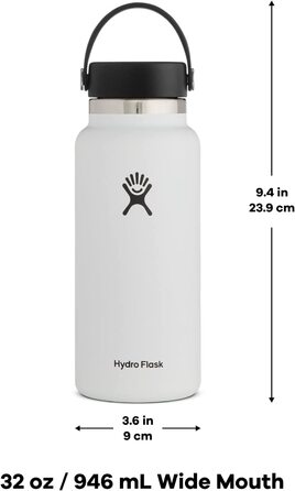Термобутилка Hydro Flask з нержавіючої сталі, вакуумна ізоляція, велика шийка, герметична кришка Flex Cap, 946 мл, біла і чорна