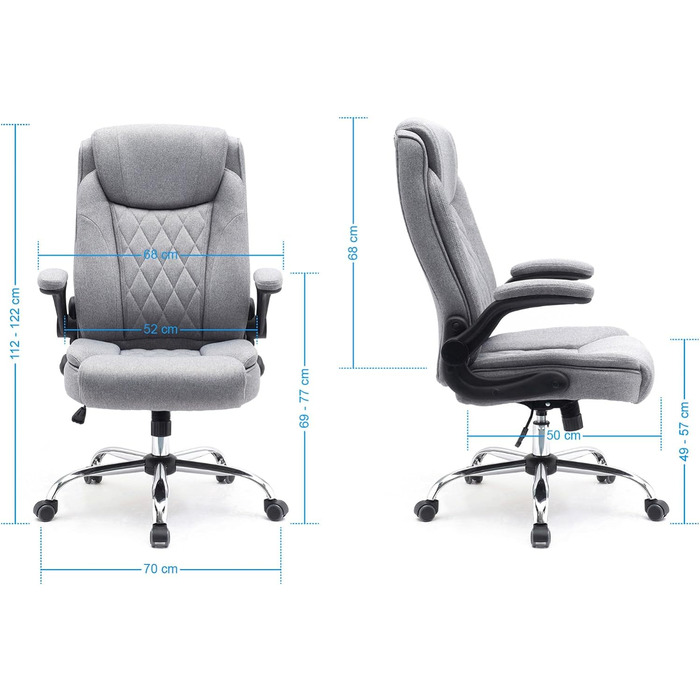 Ергономічне офісне крісло Superkancl COMFORTABLE, до 130 кг, сіре, з високою спинкою та відкидними підлокітниками