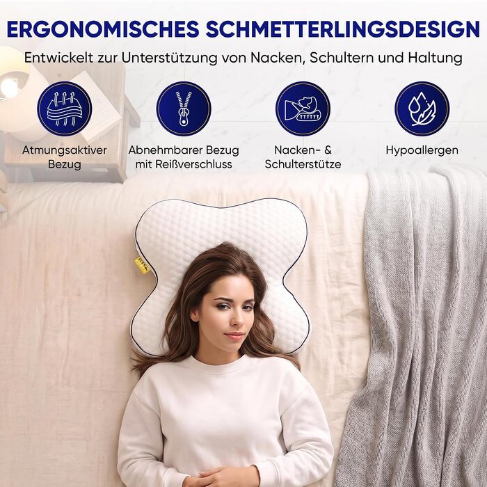 Ортопедична подушка-метелик SLEEP COMFY з ефектом пам'яті (Memory Foam), ергономічна підтримка шиї від болю та мігрені, сертифікат Oeko-TEX, для сну на боці