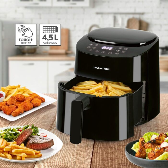 Аерофритюрниця GOURMETmaxx 4,5 л, 1400 Вт, 8 програм, чорна, маложирне приготування, таймер, автоматичне вимкнення