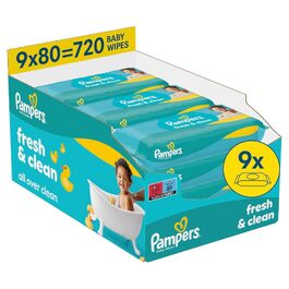 Вологі серветки Pampers Fresh Clean для дітей, для рук та обличчя, 80 шт x 9 упаковок (720 шт), з ніжним ароматом