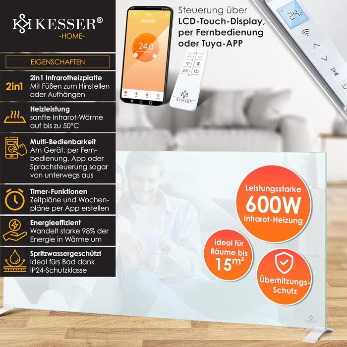 Інфрачервоний обігрівач KESSER 600Вт, скляний конвектор, енергоощадний, 2в1 – підлоговий і настінний, електрообігрівач з датчиком відкритого вікна, термостатом, керуванням через додаток і пульт, білий