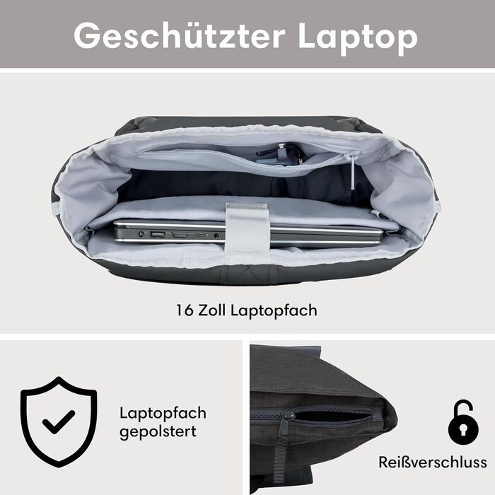 Рюкзак LARKSON Rolltop для жінок і чоловіків, водостійкий, для ноутбука, подорожей, роботи, університету, велосипедний, чорний/сірий, універсальний розмір