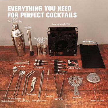 Професійний набір для коктейлів KINGROW Mixology: 29 предметів барного інструменту з акриловою підставкою, сріблястий, 710 мл