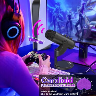 Zealsound USB конденсаторний мікрофон для ПК, смартфонів, PS4/PS5, подкастів, стрімінгу, запису, ASMR, з функціями Mute, Gain, Echo, адаптером для телефону, сумісний з Mac і Windows