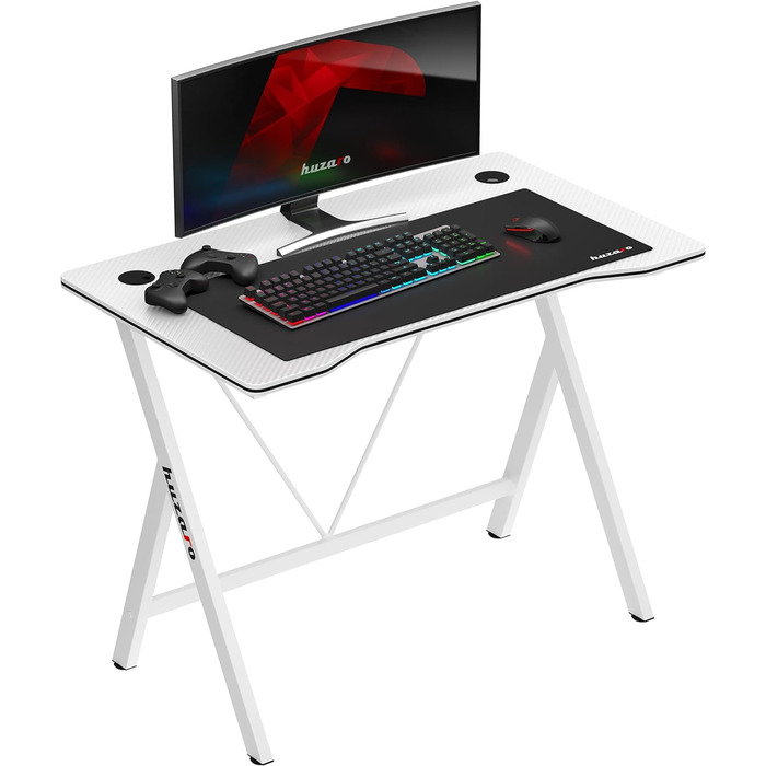 Ігровий стіл Huzaro Hero 1.4, 100x50 см, білий, сталева конструкція, карбонова стільниця, з отворами для кабелів, для комп'ютера, офісу, геймінгу