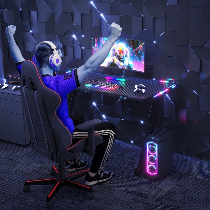 Ігровий стіл JUMMICO з RGB LED-підсвіткою, стійкий комп'ютерний стіл для геймерів та домашнього офісу, з тримачем для навушників та підстаканником, 120 x 60 см, чорний