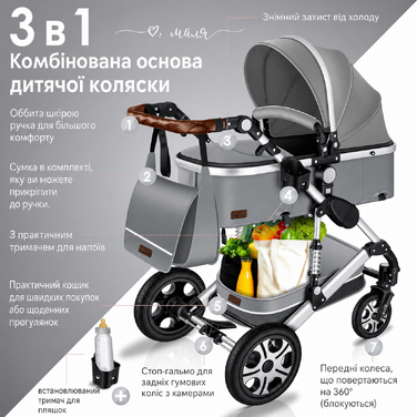 KESSER® Loops 3 в 1: Коляска-трансформер, комплект з люлькою, прогулянковим блоком та автокріслом. Повнорозмірні гумові колеса, сумка для підгузків, дощовик, дитячий столик. Відповідає стандарту ECE R129, сірий/сріблястий.