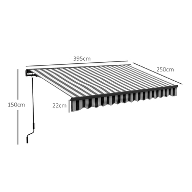 Електричний балконний тент Outsunny Folding Arm 395 x 250 см Захист від сонця із захистом від ультрафіолету, ручна рукоятка, регульована касетна маркіза з дистанційним керуванням, сірий+білий