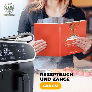 Подвійна аерофритюрниця Stillstern 8 л, 2400 Вт, 8 програм, Shake-функція, 80-200°C, для 1-8 осіб, дегідрація, розморожування, підтримка тепла, 120 рецептів, чорна