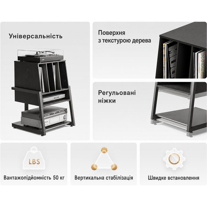 Стіл для програвача вінілових платівок FITUEYES із дерева та металу, HiFi-стійка на 120 платівок, компактна полиця для вітальні та музичної кімнати