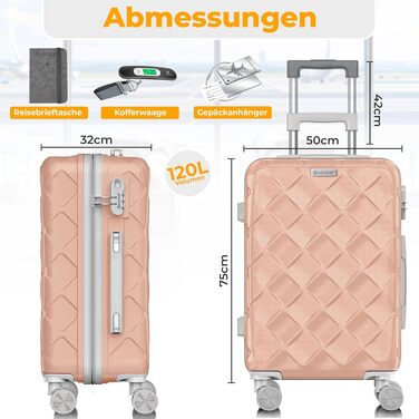 Валіза для подорожей KESSER 120Л, великий жорсткий кофер ABS з кодовим замком, вагами та гаманцем, 360° колеса, 75 см, Nude Grey