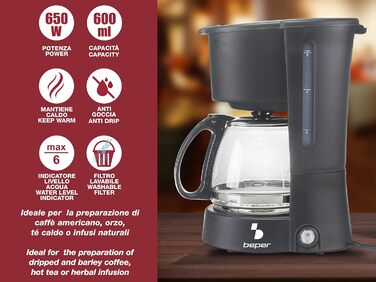 Кавоварка BEPER BC.060 Americano 600 мл, ABS, чорна