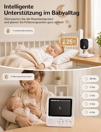 Відеоняня OBVHNUA з камерою без WLAN, дисплей 2.8 дюйма, роздільна здатність 720P, режим VOX, до 96 годин роботи