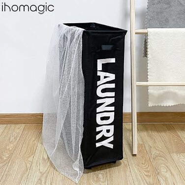 IHOMAGIC Кошик для білизни 62 л з колесами, знімний мішок, складаний, з ручками, чорний – для брудної білизни, зберігання речей