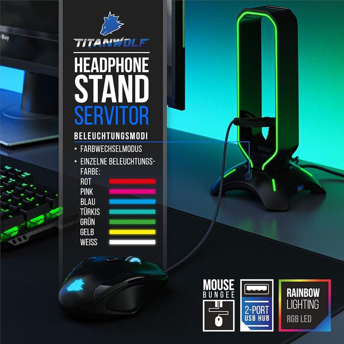 Підставка для ігрових навушників Titanwolf з LED підсвіткою, USB-хабом 2x USB 3.2 Gen1, мишебанджі, 6 RGB кольорів, зміна підсвітки