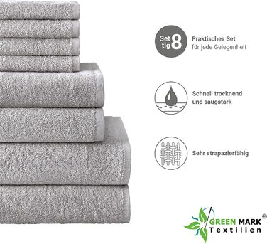 Набір рушників NatureMark 8 шт. з махрової бавовни: 4 гостьові, 2 для рук, 2 банних, сріблясто-сірий колір