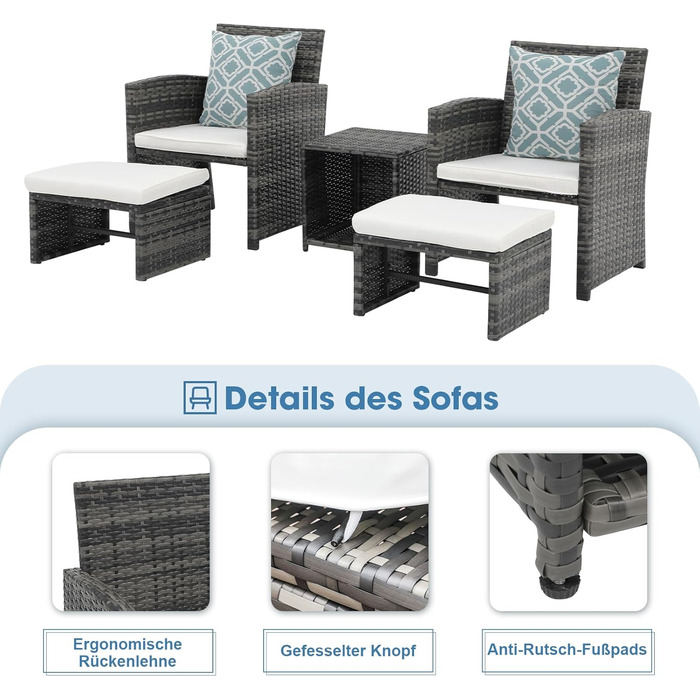 Садовий набір меблів OC Orange-Casual 5 предметів: плетений ротанг, диван, крісла, пуфи та столик, подушки в комплекті для балкона, тераси, подвір'я (Оранжевий, Сірий)