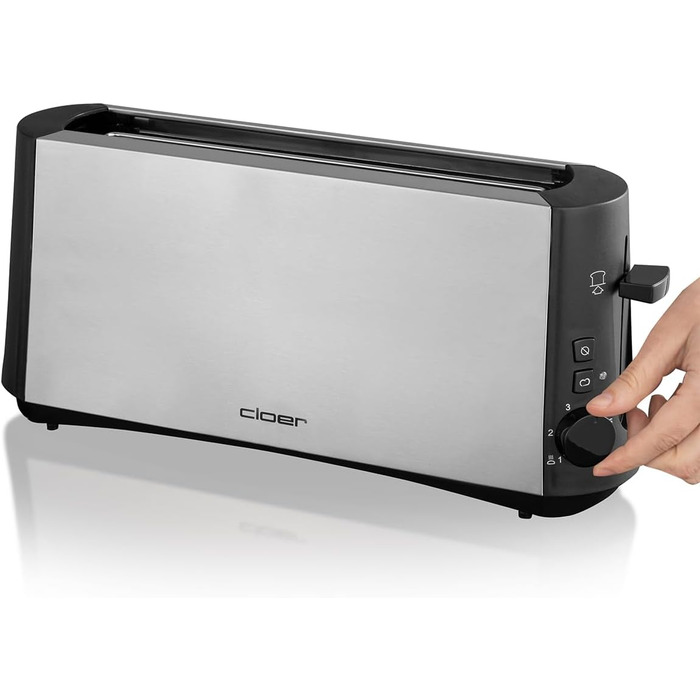Тостер Cloer 3810 довгий слот, 880 Вт, для 2 тостів, функція для сірого хліба, насадка для булочок, корпус з нержавіючої сталі