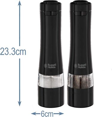 Електричний набір млинків Russell Hobbs для солі та перцю, 2 шт, керамічний механізм, регулювання помолу, LED-підсвічування, чорний, для спецій і трав, модель 28010-56