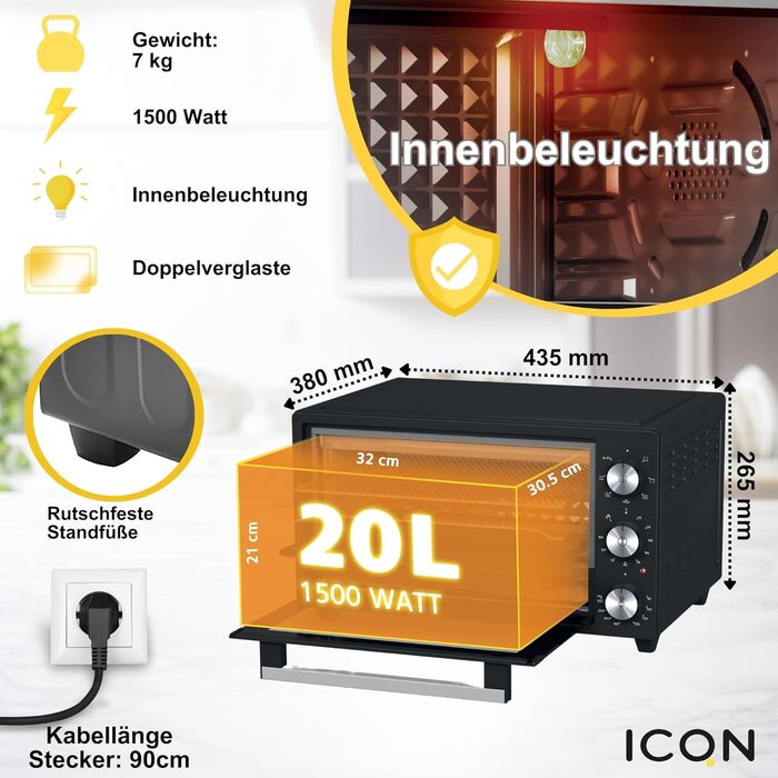 Міні-піч ICQN 20L з конвекцією, грилем та таймером, 1500W, IQ M2051R02N