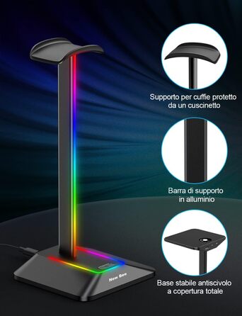 Підставка для ігрових навушників New Bee RGB з бездротовою зарядкою, 7 режимів підсвічування, USB, чорна