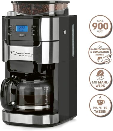 Кавомашина Barista Filterkaffeemaschine з регульованим млинком та скляною колбою | Функція підігріву, таймер 24 год та постійний фільтр | Для 10 чашок кави | Кавомашина для зерен та меленої кави [Нержавіюча сталь] 6) Нержавіюча сталь - скляна колба - з мл