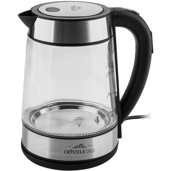 Скляний електрочайник ETA Crystela Digi з регулюванням температури 50-100°C, функцією підтримки тепла, 1.7 л, 2200 Вт