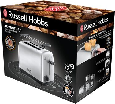 Тостер Russell Hobbs Adventure нержавіюча сталь на 2 тости, широкі слоти, підставка для булочок, 6 режимів, розморожування, підігрів, Lift & Look, 850W