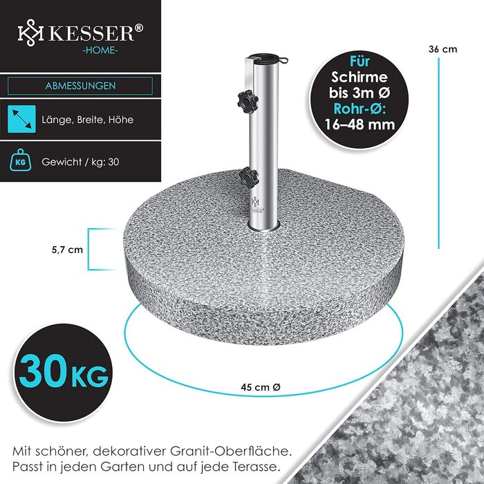 Підставка для парасольки KESSER Granit, сталева, кругла, 30 кг, для труб 16-48 мм, сіра