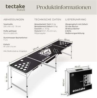 Стіл для пивного понгу tectake, складаний, з регульованою висотою, 100 стаканів (50 червоних і 50 синіх), 6 м'ячів, ігровий набір для вечірок, пивний понг для дорослих