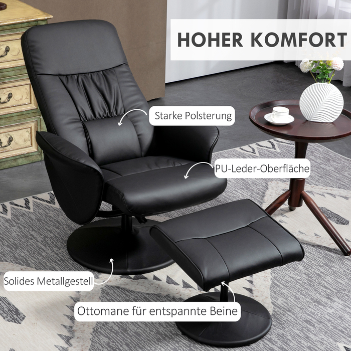 Крісло HOMCOM з табуреткою, Крісло для телевізора, Крісло з поворотною оббивкою для вітальні, спальні, Штучна шкіра, Чорний