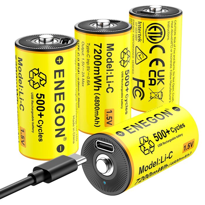 Акумулятори ENEGON C/LR14 Li-ion 1.5V 7200mWh, перезарядні літієві батареї, 4 шт. (жовті)