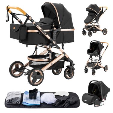 Дитяча коляска YAZOCO 3 в 1: Buggy, Babybett, Комплект. Компактна, складна, з алюмінієвим каркасом для новонароджених (2 шт. чорного кольору)