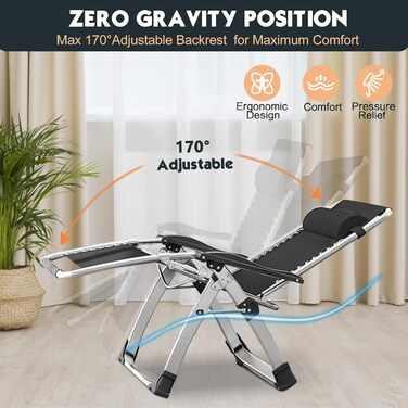Лежак для відпочинку MOPHOTO Zero Gravity - розкладний, 200 кг, з подушкою та кишенею, для саду, балкону, тераси (сірий)