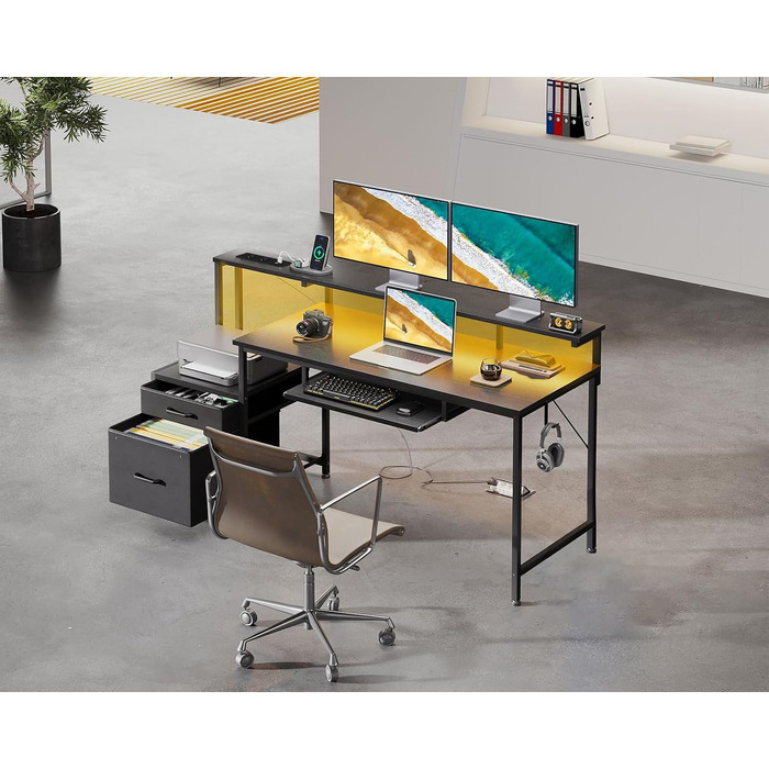 Ігровий стіл Coleshome з LED підсвіткою 140x48 см, з ящиками, 2 розетками та 2 USB портами, з підставкою для монітора, чорний