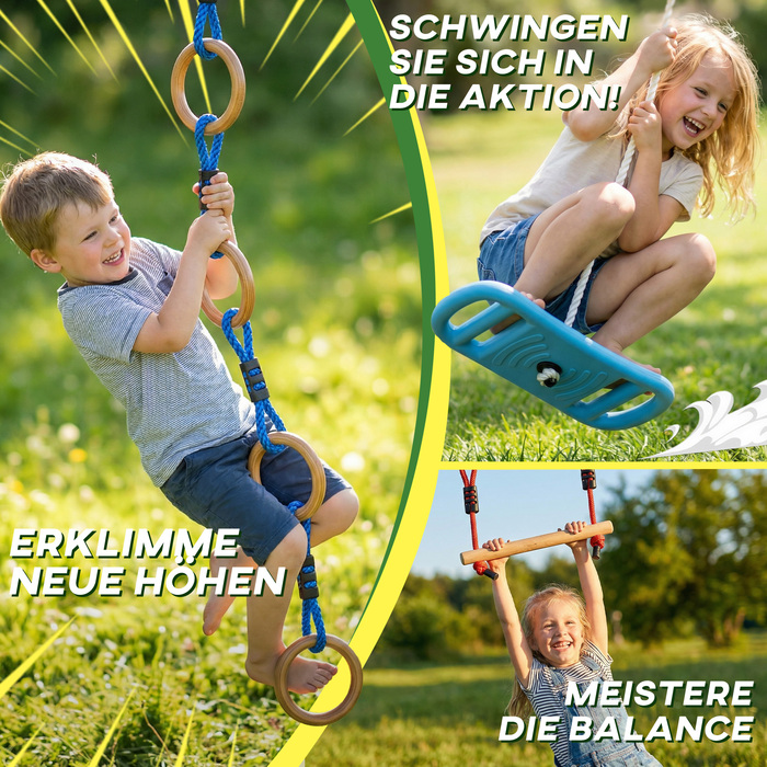 Набір для Slackline Ninja Line Kinder 10м, 9-елементний, з 2 кільцями для гімнастики та 3-в-1 гойдалкою, 2 турніками для дітей 3-8 років, багатокольоровий