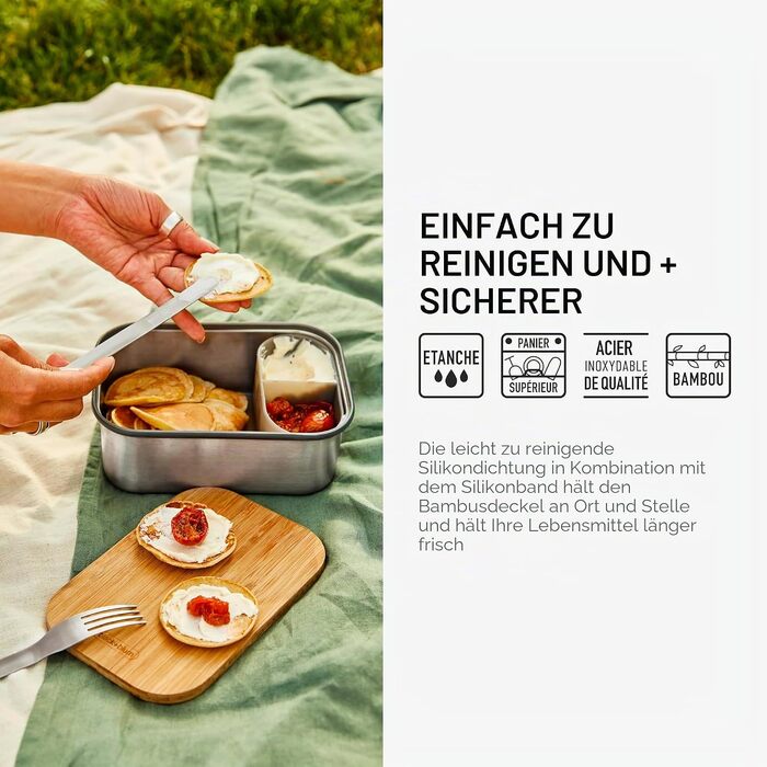 Ланчбокс Black + Blum з нержавіючої сталі 1,25 л з бамбуковою кришкою-дошкою та силіконовим роздільником, Olive