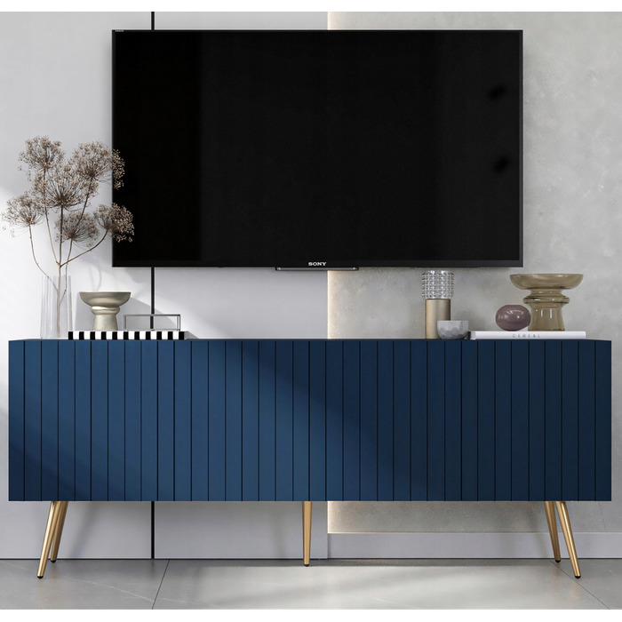 ТВ-тумба Glamour Loft, темно-синя матова, золоті металеві ніжки, 150 см