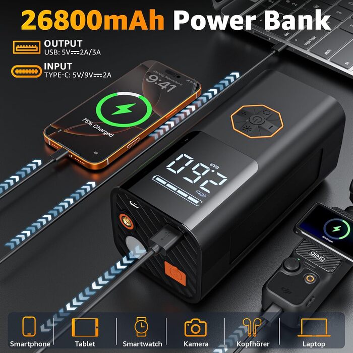 Пусковий пристрій для авто (бустер) 9 в 1 з компресором 150PSI, Powerbank 5500A, LCD-дисплеєм та ліхтариком для 12V бензинових та дизельних двигунів