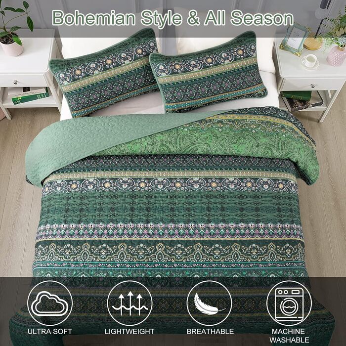 Покривало WONGS BEDDING 200x220 см, стьобане, 3 предмети, мікрофібра, зелений, з 2 наволочками 50x75, для двоспального ліжка та дивана, Boho стиль