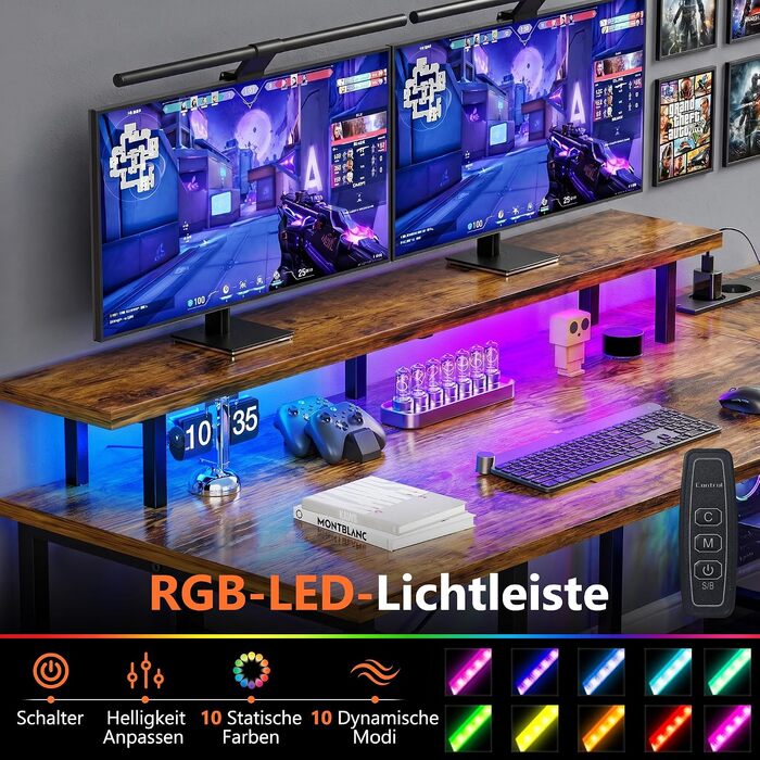 Кутовий письмовий стіл YOUDENOVA L-подібний з LED-підсвіткою, 4 шухлядами та розеткою, ігровий комп'ютерний стіл з полицею для монітора, вінтажний коричневий, 142x107 см