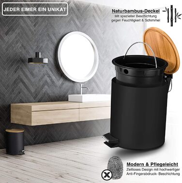 Косметичний відро для сміття VMbathrooms 5 л, чорне матове, з бамбуковою кришкою, педаллю та механізмом плавного закривання, для ванної кімнати