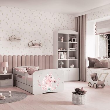 Дитяче ліжко Kids Collective 160x80 см з матрацом, бортиком, ламельною основою та шухлядою, біле, для дівчинки, рожеве з малюнком коня