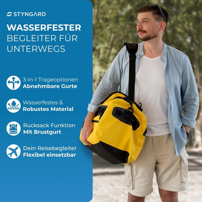 Водонепроникна дорожня сумка-рюкзак STYNGARD Hamburg 60 л, жовта – спортивна сумка 3в1 для плавання, подорожей, яхтингу