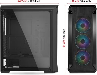 Ігровий корпус для ПК EMPIRE GAMING Darkwitcher, ARGB, середній ATX, металева сітка, скляна бокова панель, 4 вентилятори 120 мм, адресне підсвічування RGB, 5V PWM