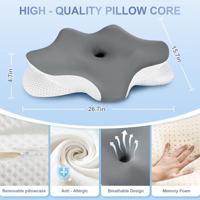 Подушка для шиї з піни Memory Foam, ергономічна для сну на боці, спині, животі, зі знімним чохлом
