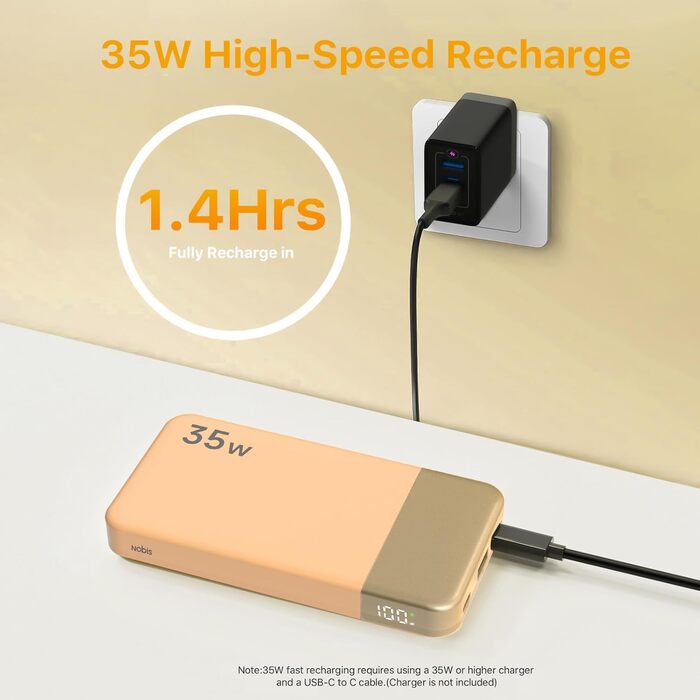 Power Bank NOBIS 10000mAh з цифровим дисплеєм, USB-C, 35W, для смартфонів, планшетів, камер (Оранжевий)