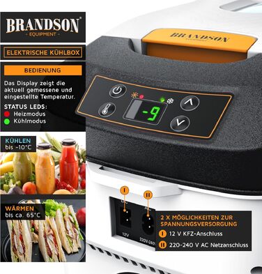 Автомобільний холодильник/термобокс електричний Brandson 10л (230V/12V), охолодження до +20°C, нагрів до 65°C, білий